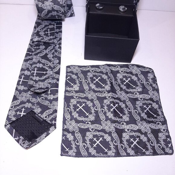 NEW 3-Pc Boxed Gift Tie Set Coordinated Print Cuff Links Pocket Square - Picture 3 of 6